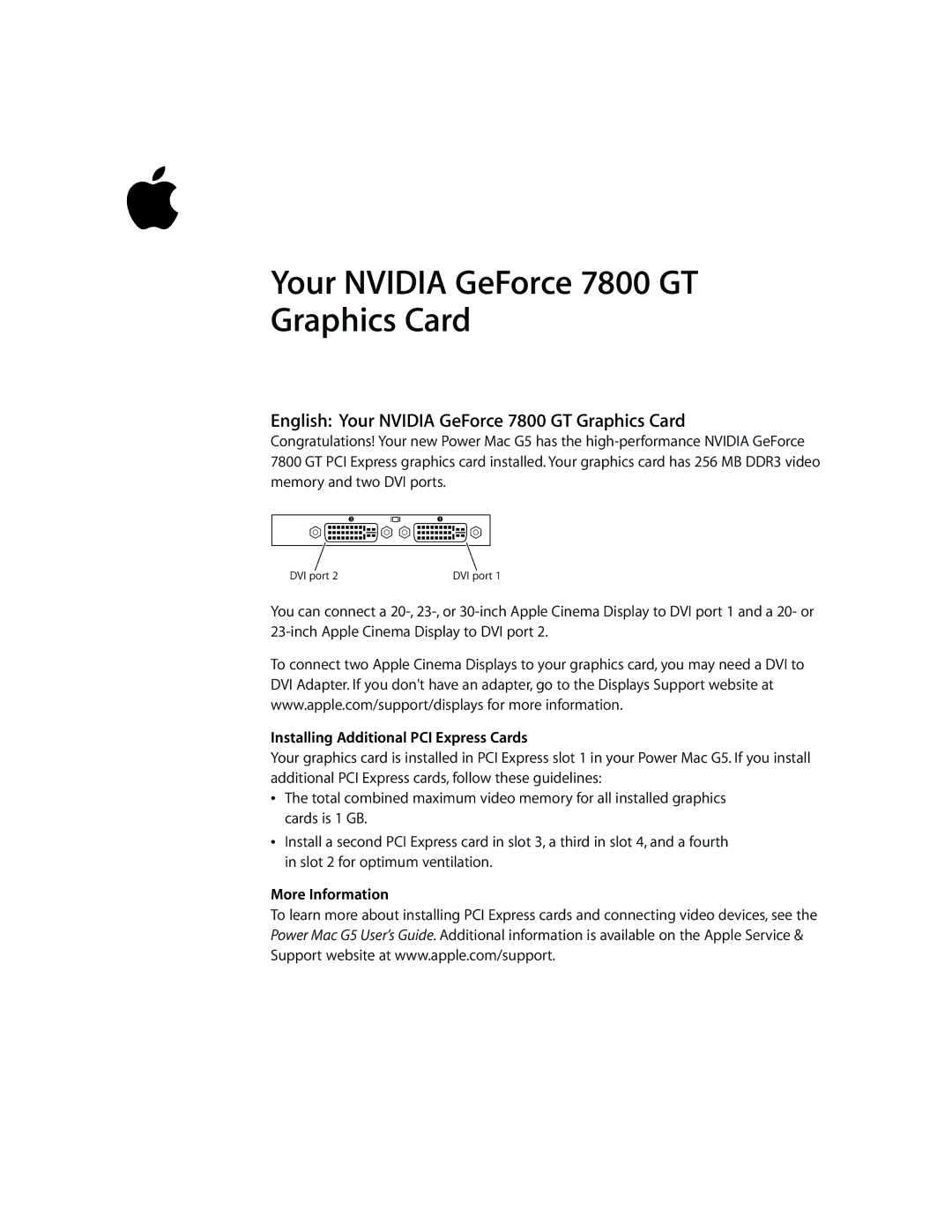 Apple manual English Your Nvidia GeForce 7800 GT Graphics Card, Installing Additional PCI Express Cards 