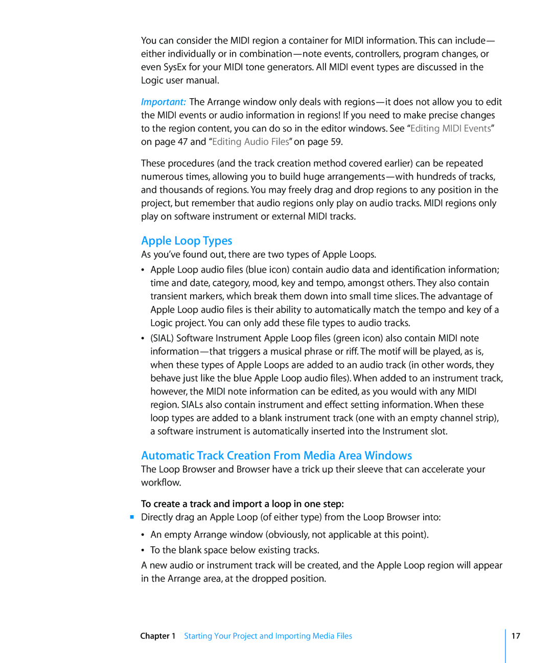 Apple 8 manual Apple Loop Types, Automatic Track Creation From Media Area Windows 