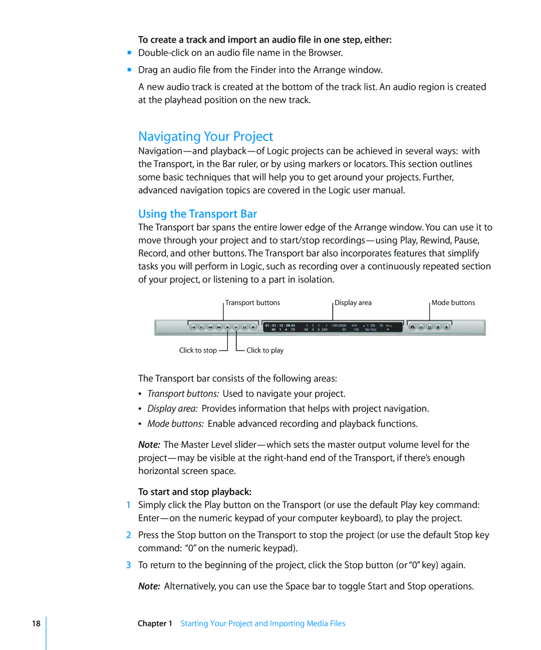 Apple 8 manual Navigating Your Project, Using the Transport Bar, To start and stop playback 