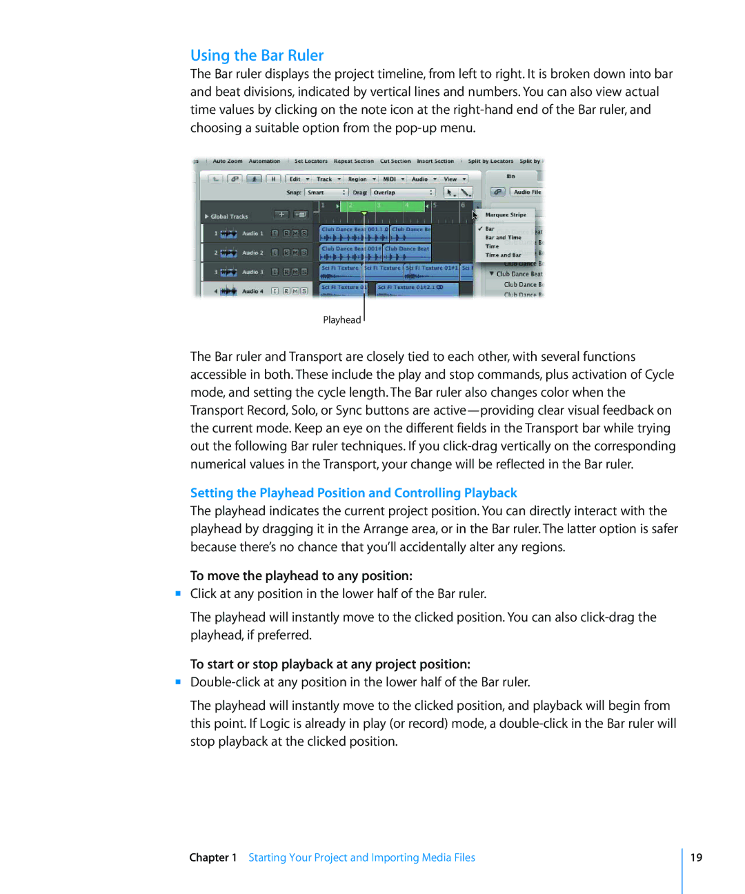 Apple 8 manual Using the Bar Ruler, To move the playhead to any position, To start or stop playback at any project position 