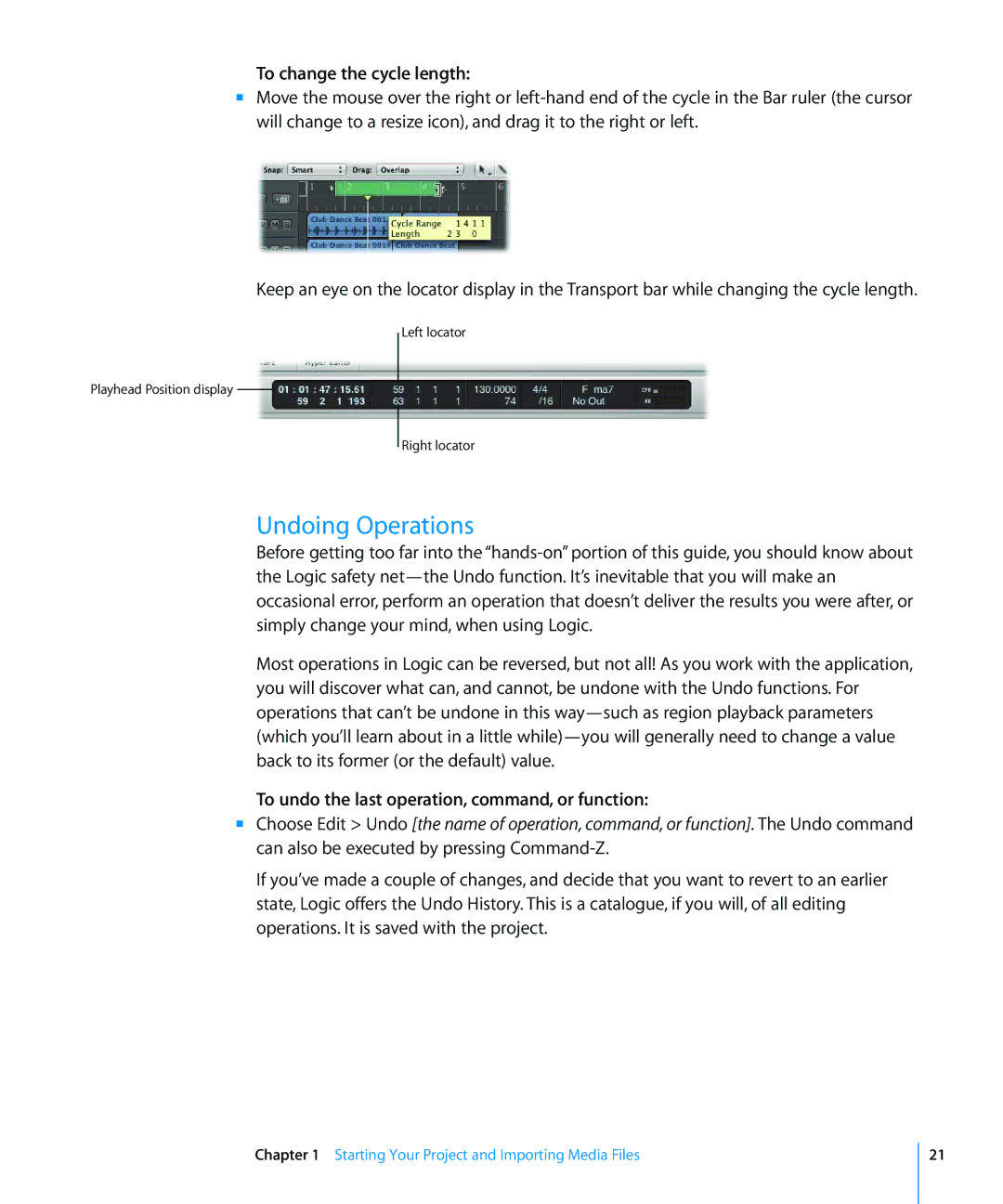 Apple 8 manual Undoing Operations, To change the cycle length, To undo the last operation, command, or function 