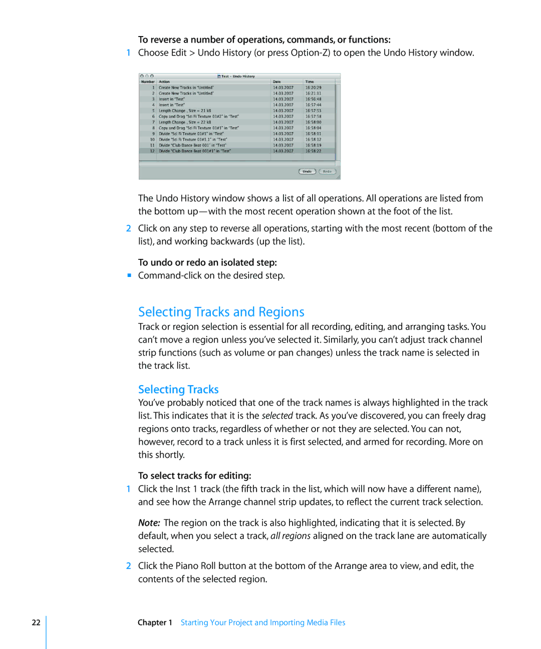 Apple 8 manual Selecting Tracks and Regions, To reverse a number of operations, commands, or functions 