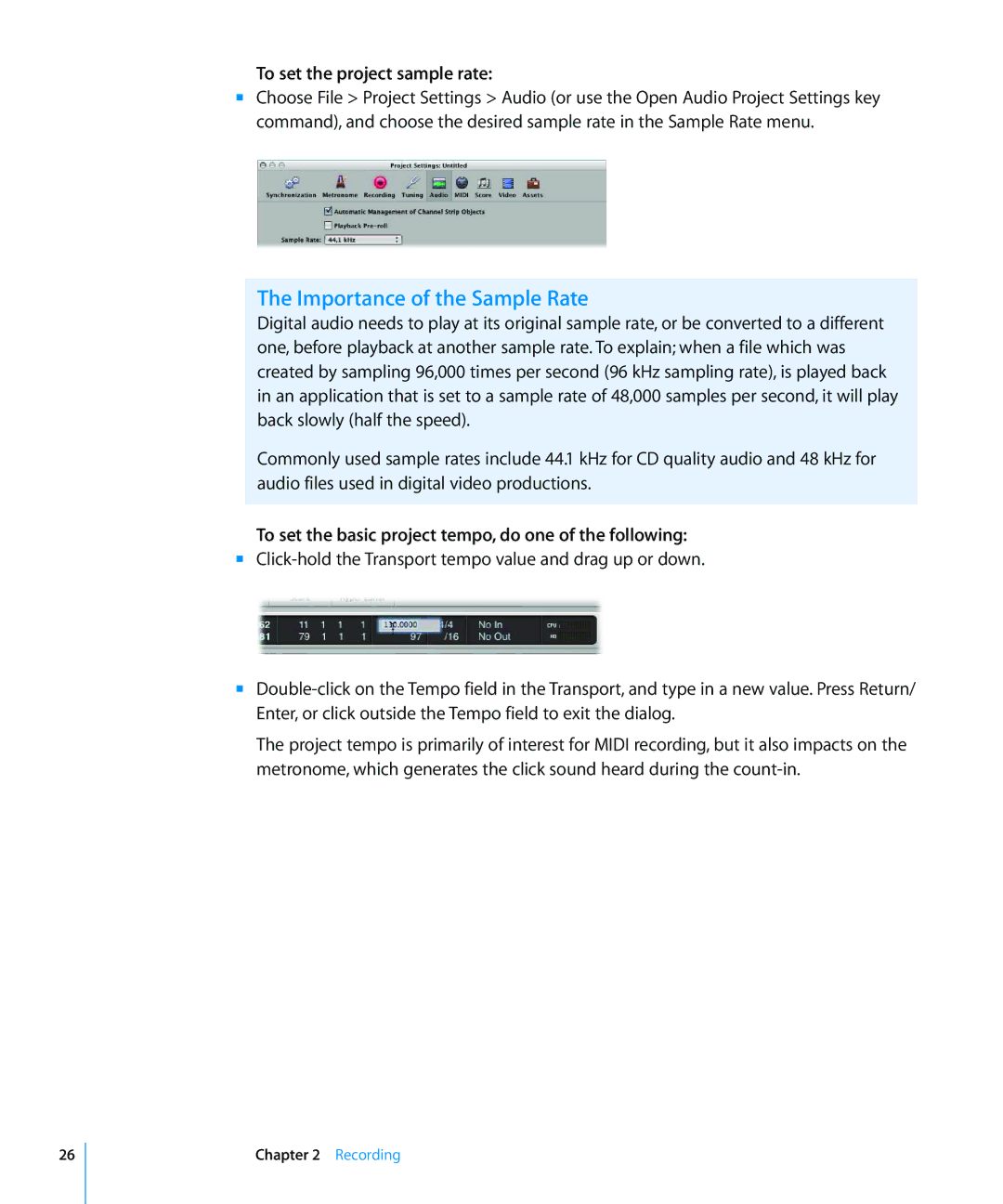 Apple 8 manual Importance of the Sample Rate, To set the project sample rate 