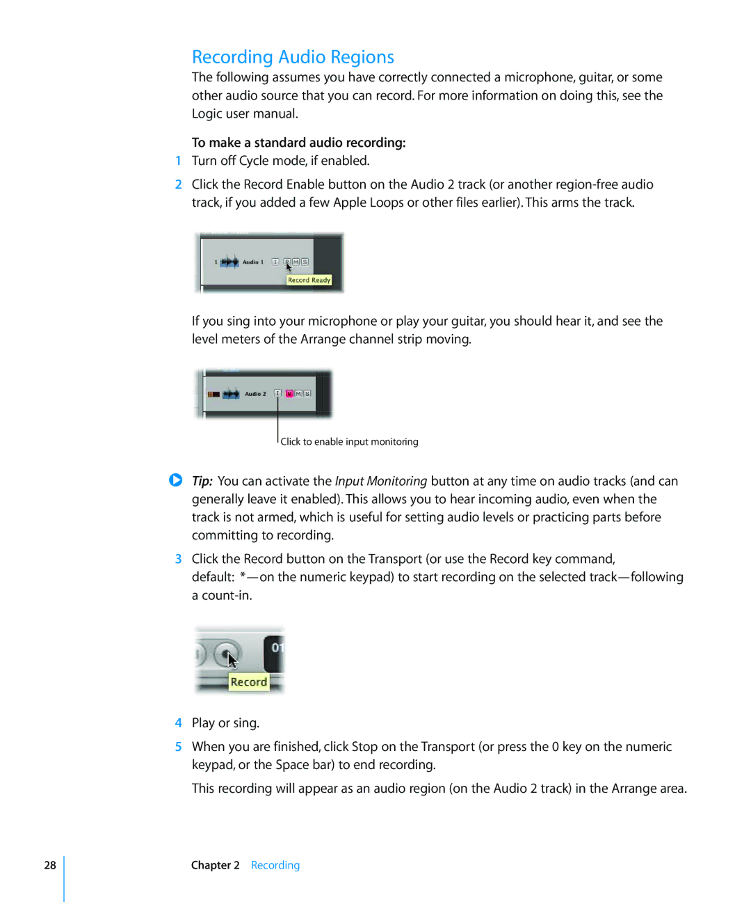 Apple 8 manual Recording Audio Regions, To make a standard audio recording 