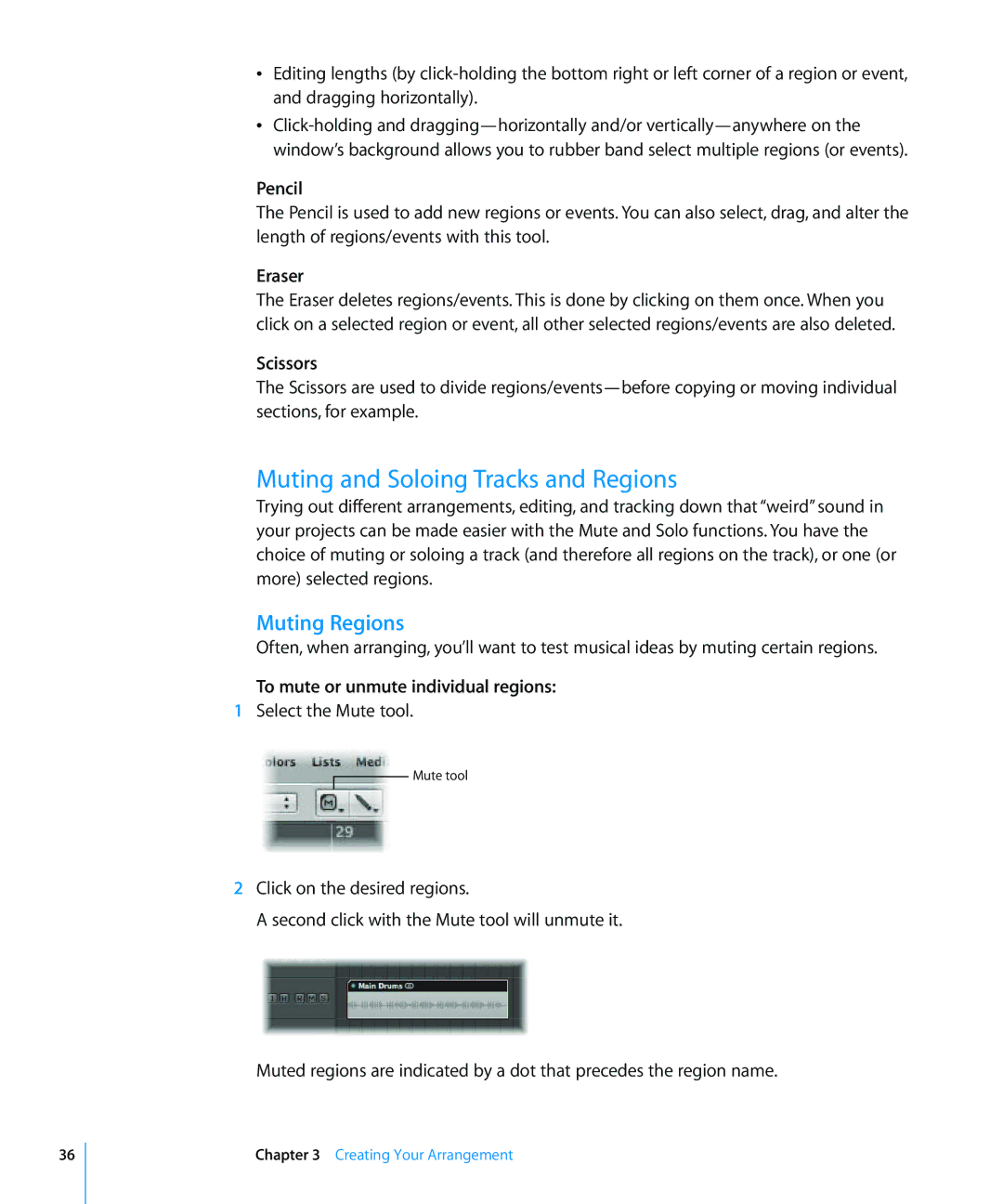 Apple 8 manual Muting and Soloing Tracks and Regions, Muting Regions 