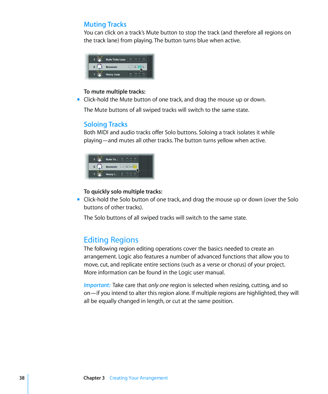 Apple 8 manual Editing Regions, Muting Tracks, Soloing Tracks, To mute multiple tracks, To quickly solo multiple tracks 