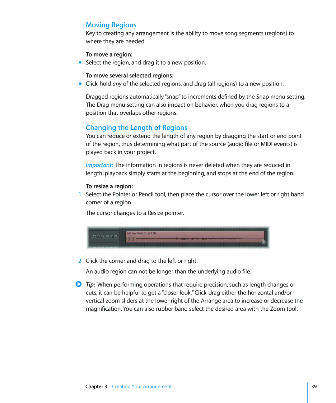 Apple 8 manual Moving Regions, Changing the Length of Regions, To move a region, To move several selected regions 