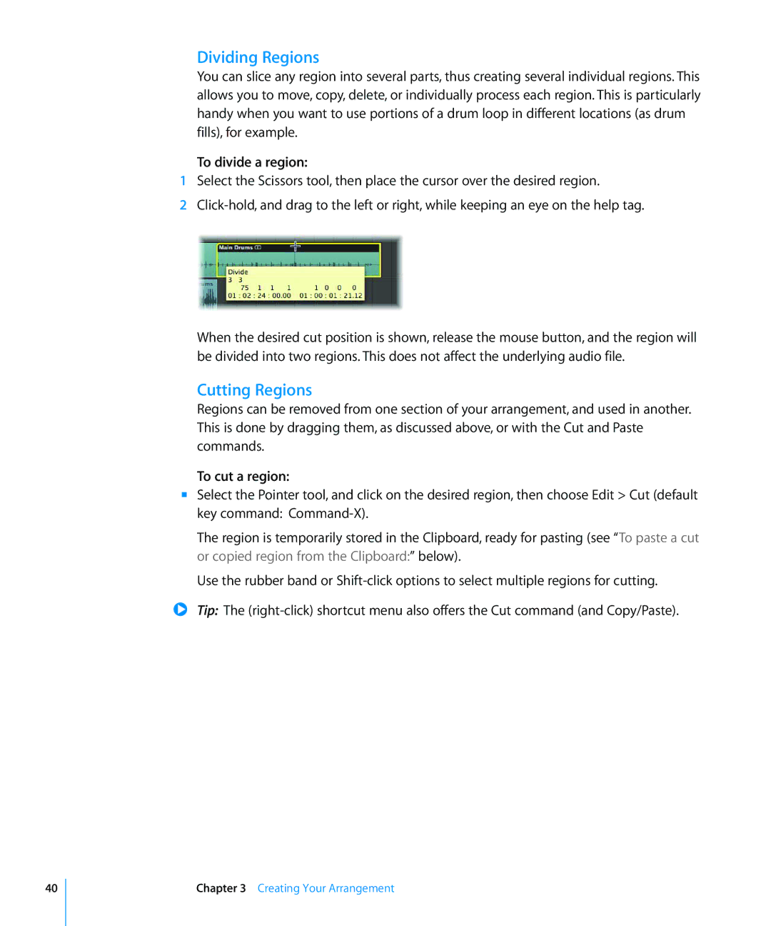 Apple 8 manual Dividing Regions, Cutting Regions, To divide a region, To cut a region 