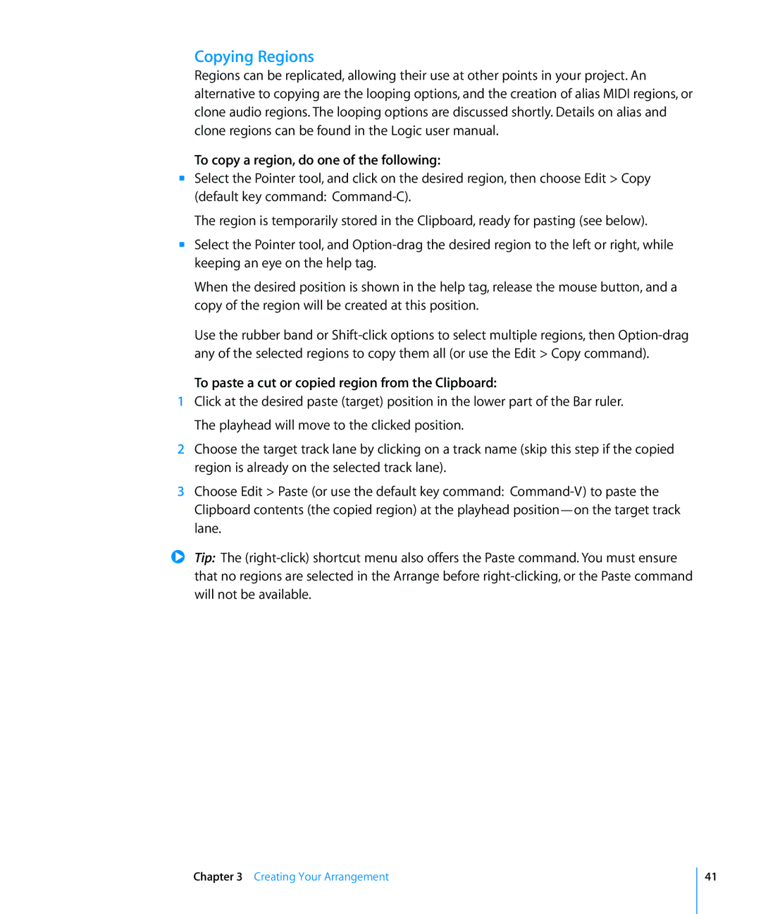 Apple 8 Copying Regions, To copy a region, do one of the following, To paste a cut or copied region from the Clipboard 