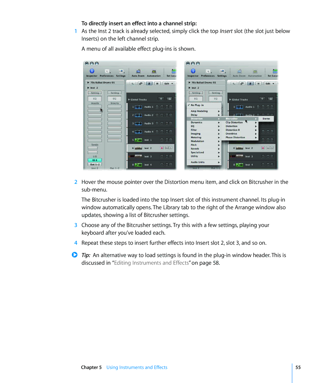 Apple 8 manual To directly insert an effect into a channel strip 