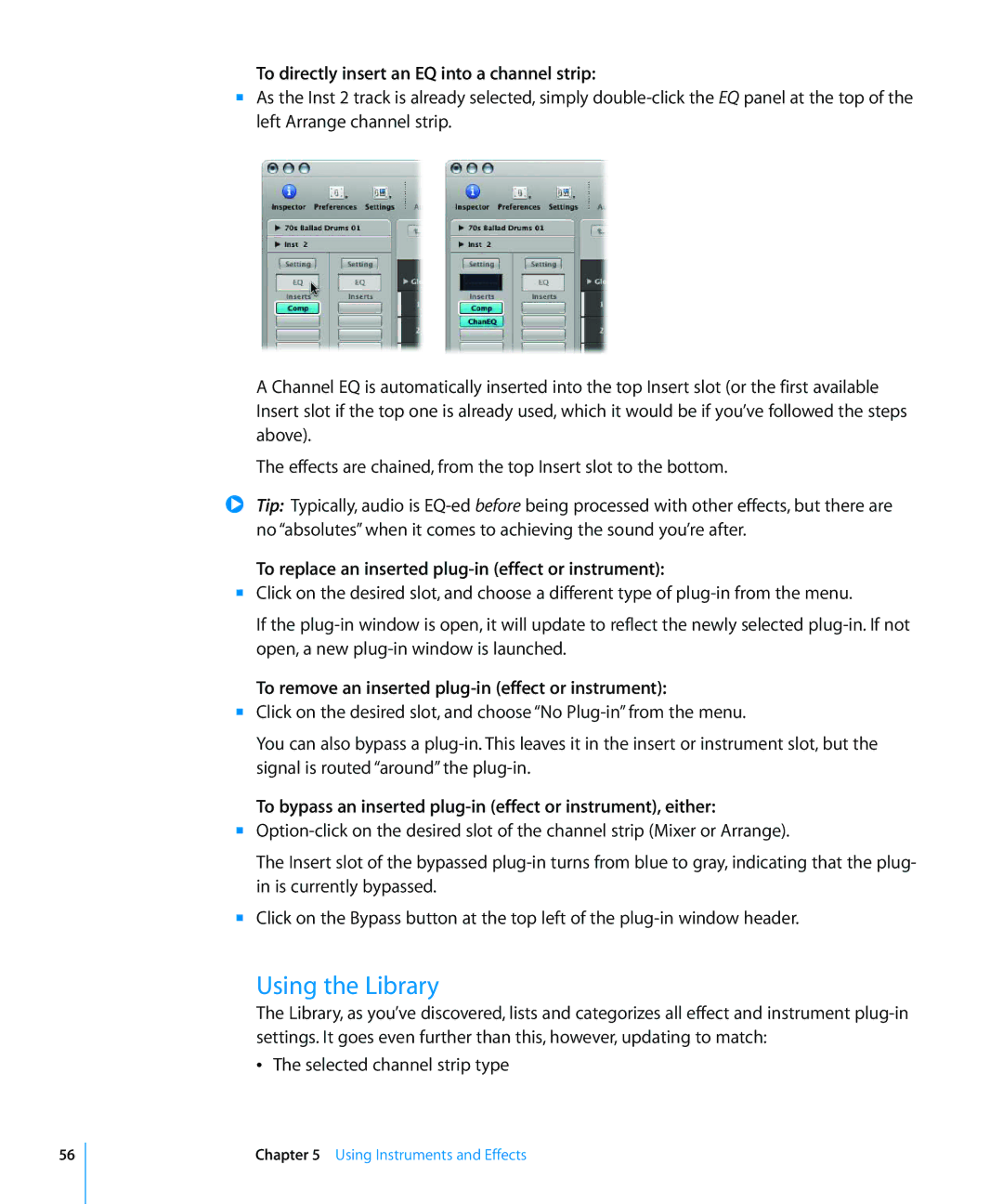 Apple 8 manual Using the Library, To directly insert an EQ into a channel strip 