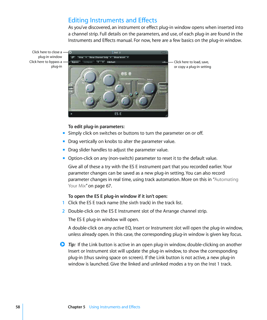 Apple 8 Editing Instruments and Effects, To edit plug-in parameters, To open the ES E plug-in window if it isn’t open 