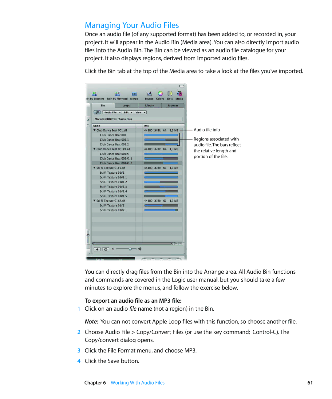 Apple 8 manual Managing Your Audio Files, To export an audio file as an MP3 file 