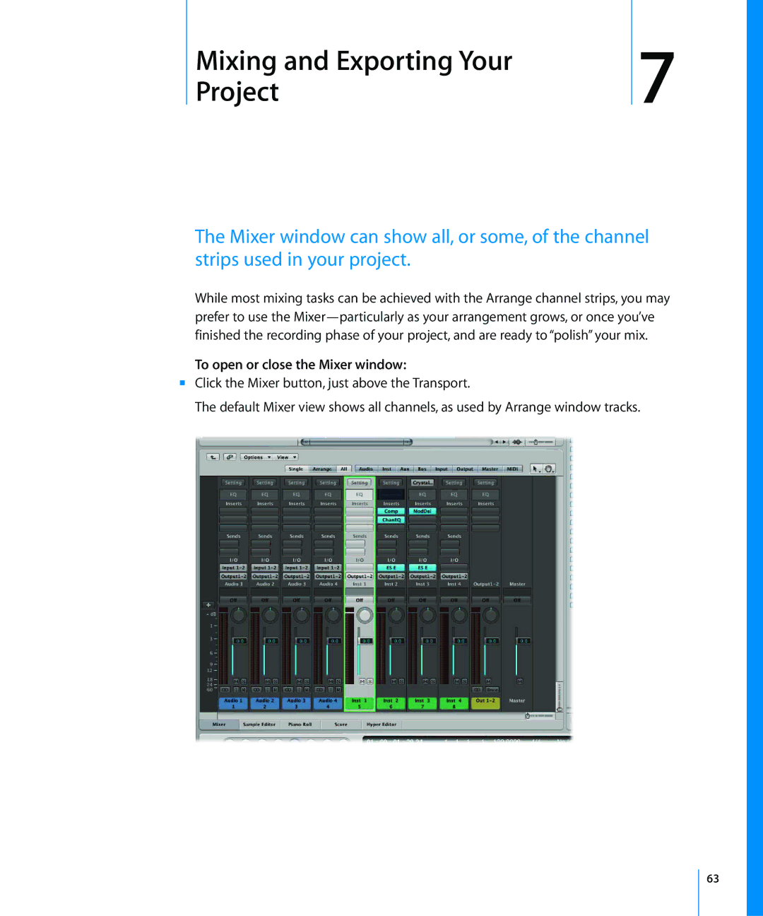 Apple 8 manual 7Mixing and Exporting Your Project, To open or close the Mixer window 