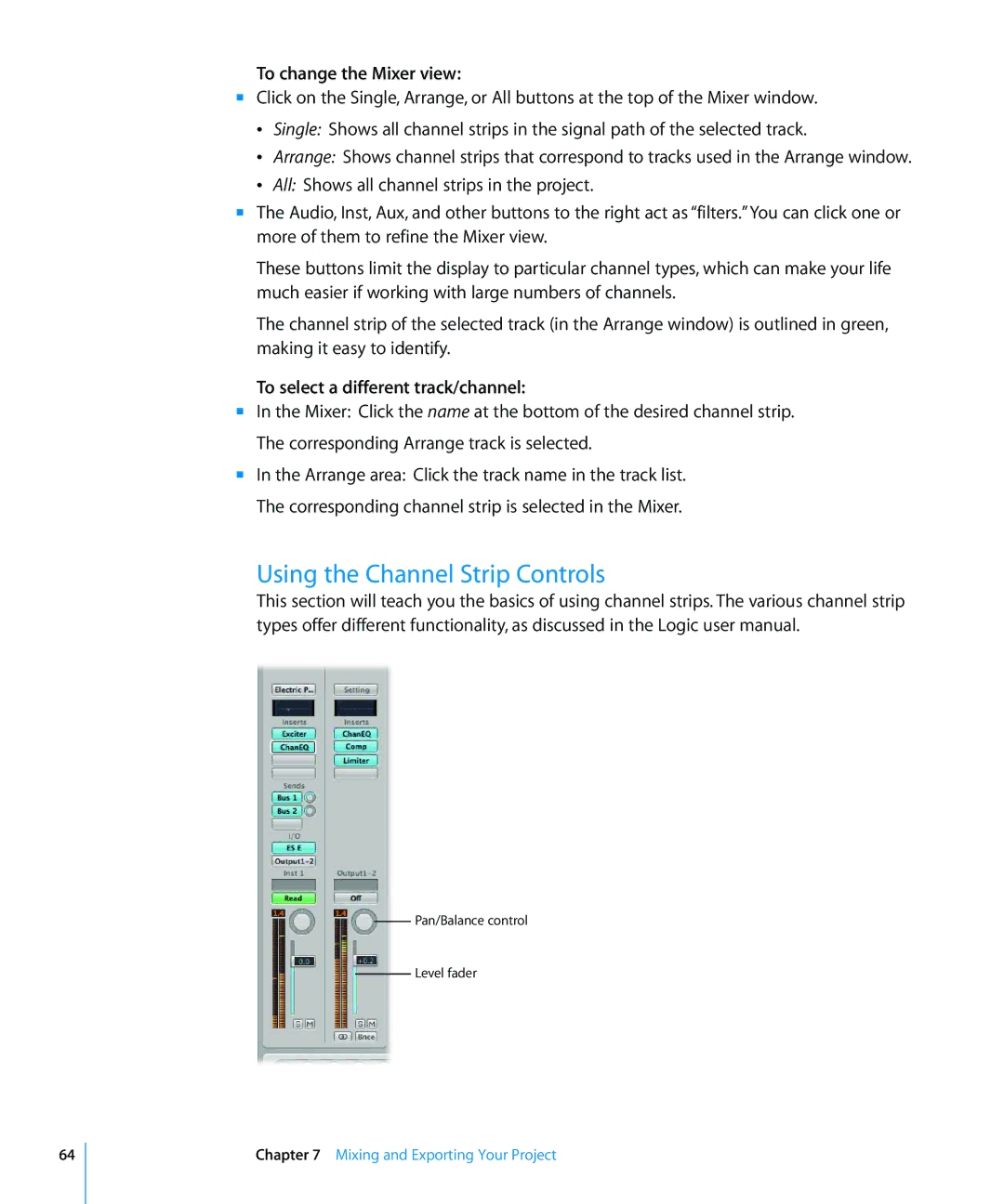 Apple 8 manual Using the Channel Strip Controls, To change the Mixer view, To select a different track/channel 