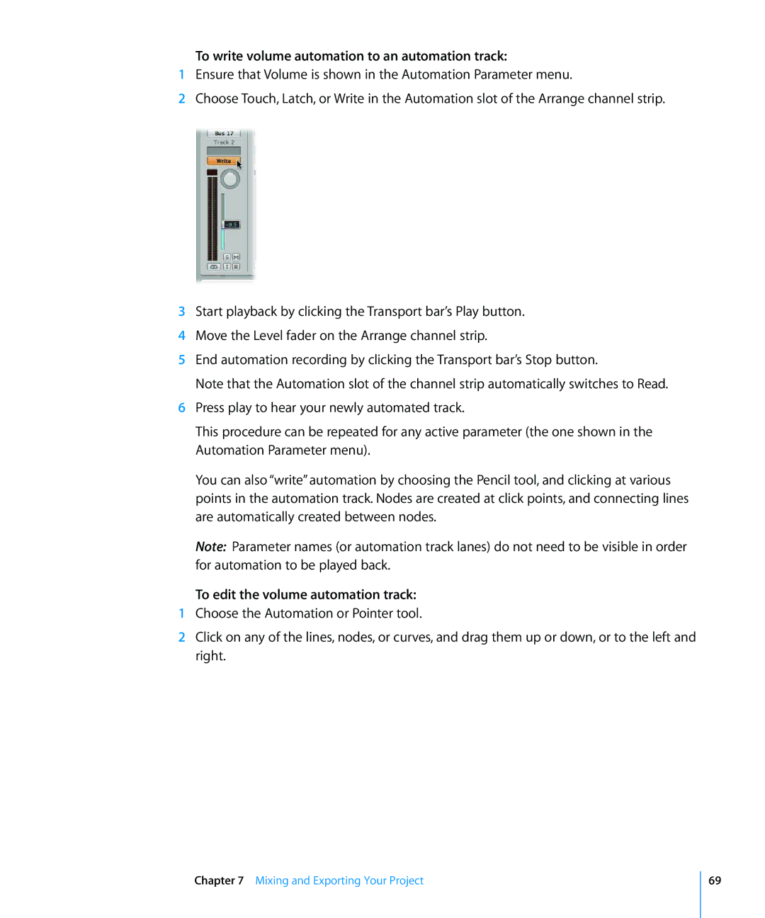 Apple 8 manual To write volume automation to an automation track, To edit the volume automation track 