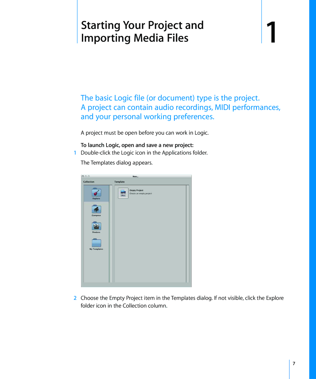 Apple 8 manual 1Starting Your Project Importing Media Files, To launch Logic, open and save a new project 