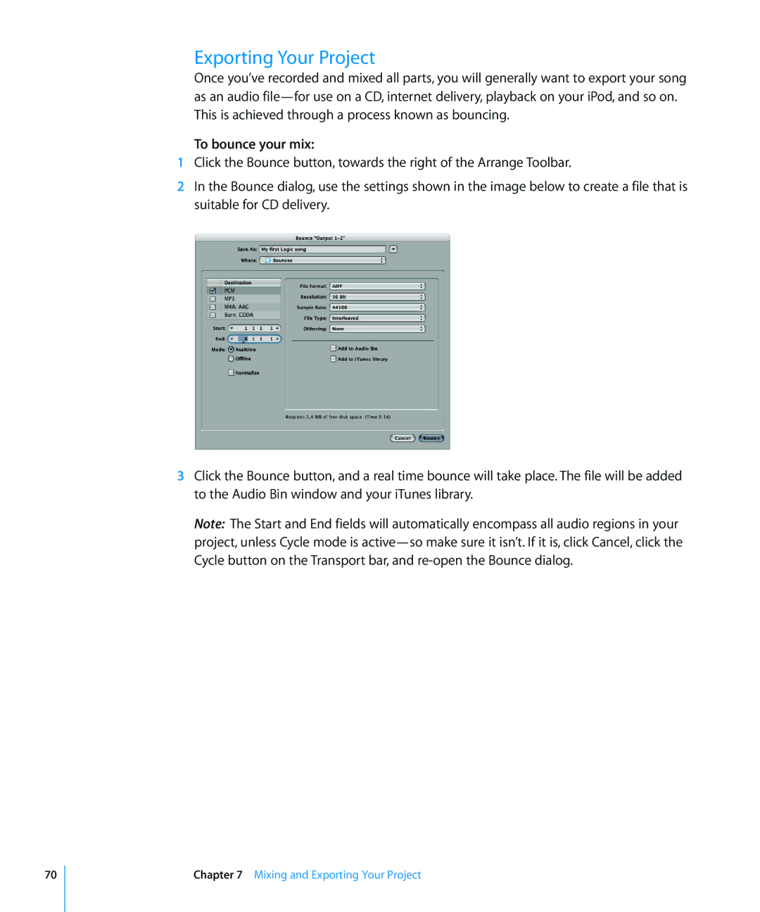 Apple 8 manual Exporting Your Project, To bounce your mix 