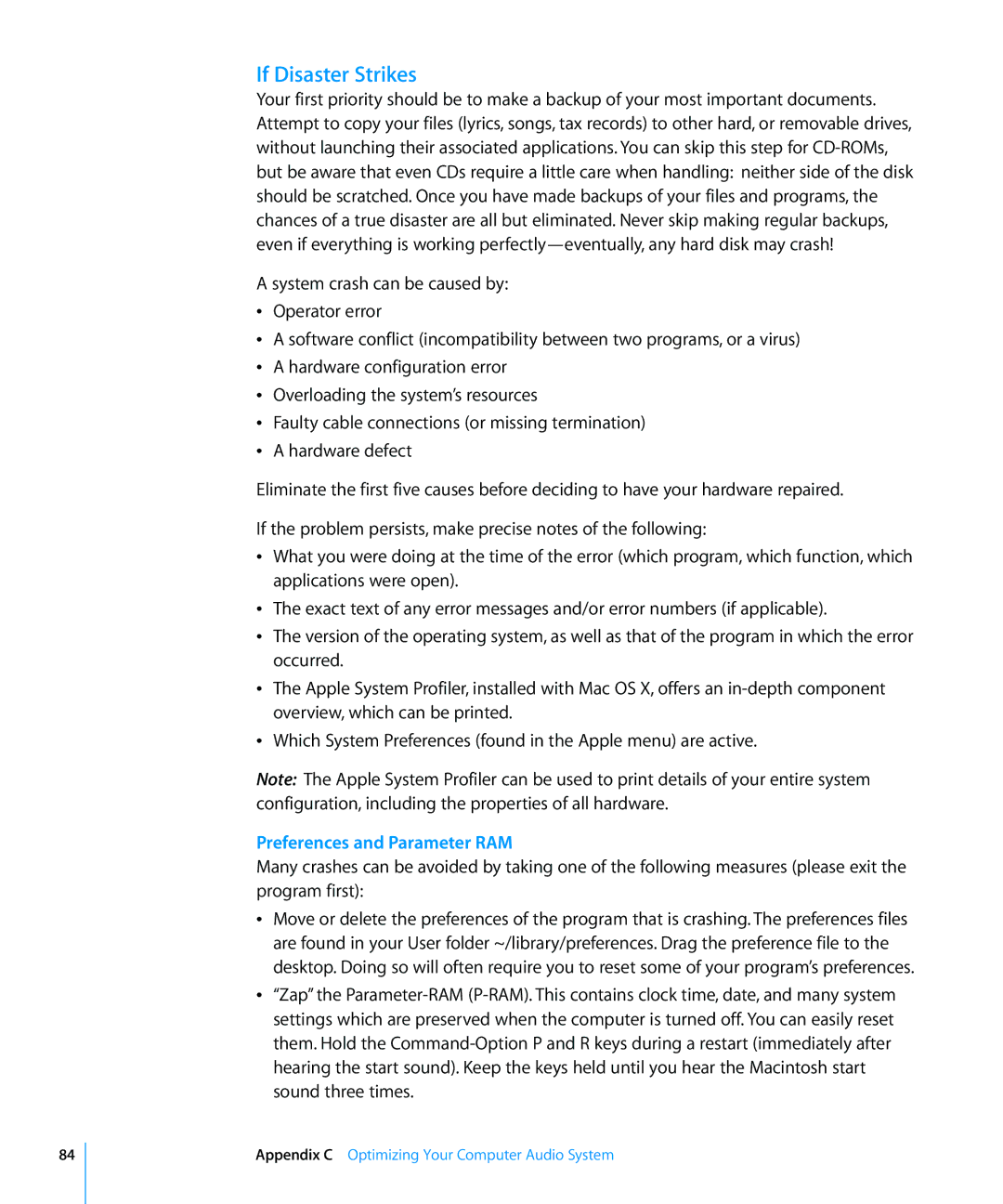 Apple 8 manual If Disaster Strikes, Preferences and Parameter RAM 