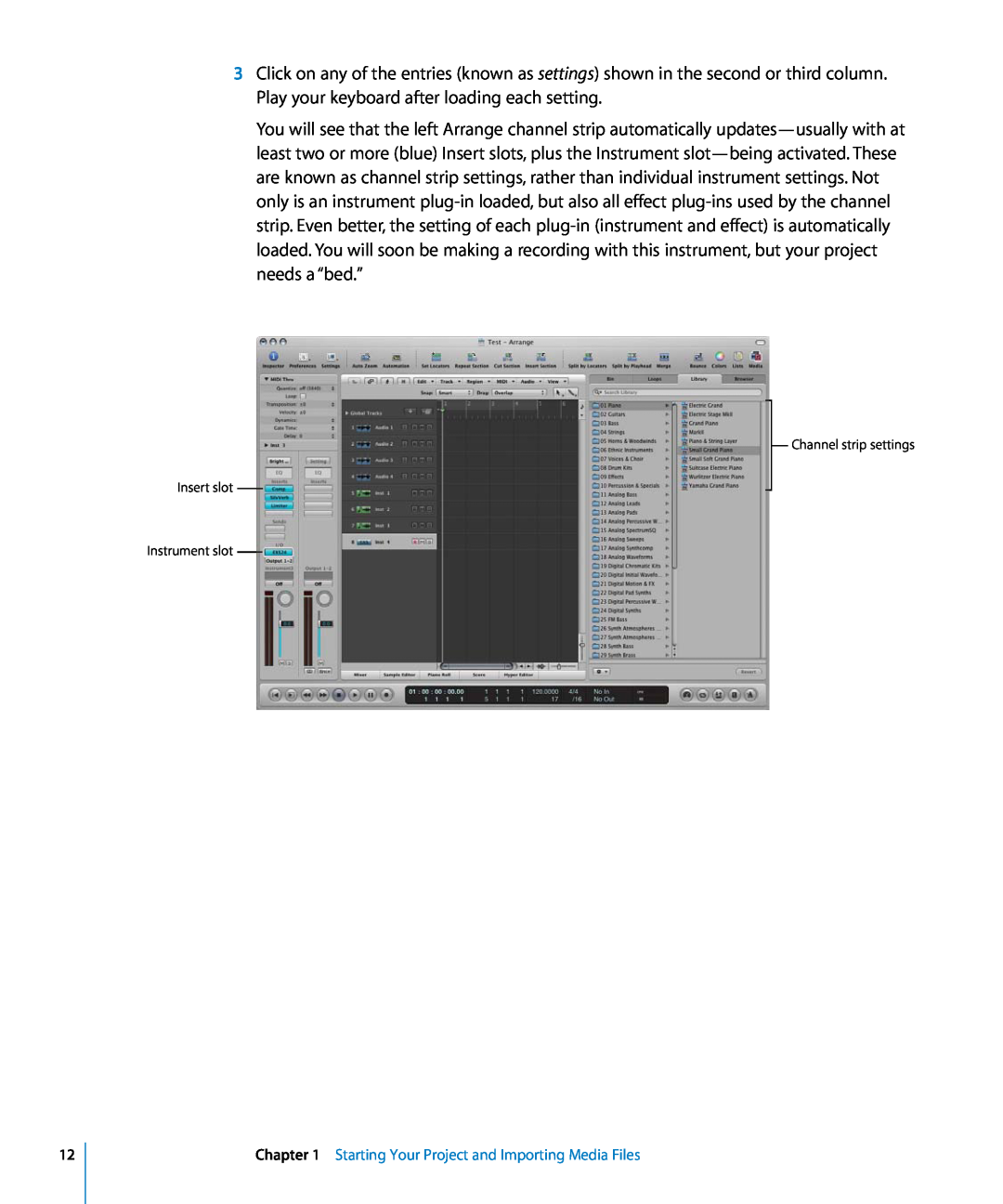 Apple 8 manual Insert slot, Channel strip settings, Instrument slot 