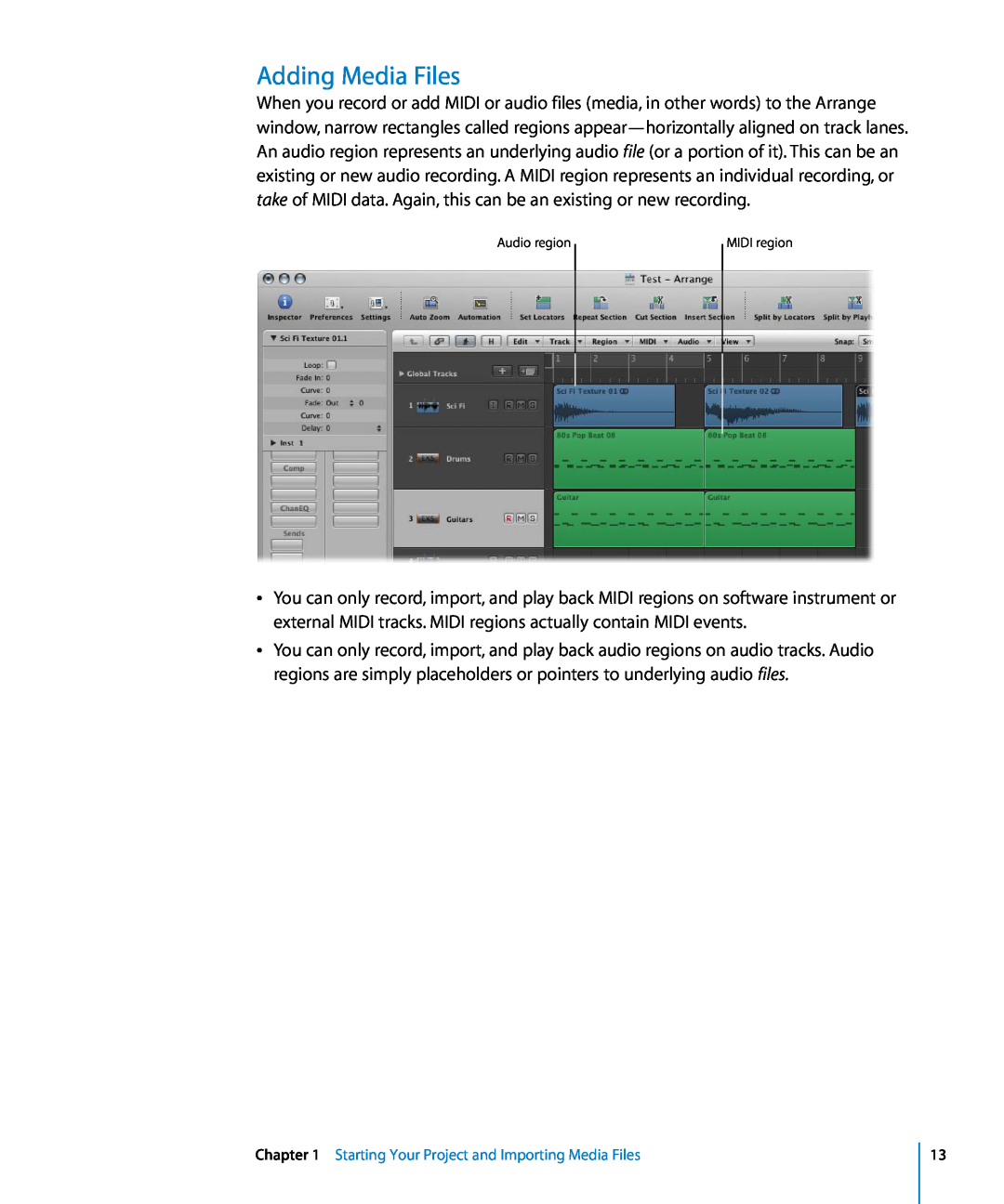 Apple 8 manual Adding Media Files, Audio region, MIDI region 