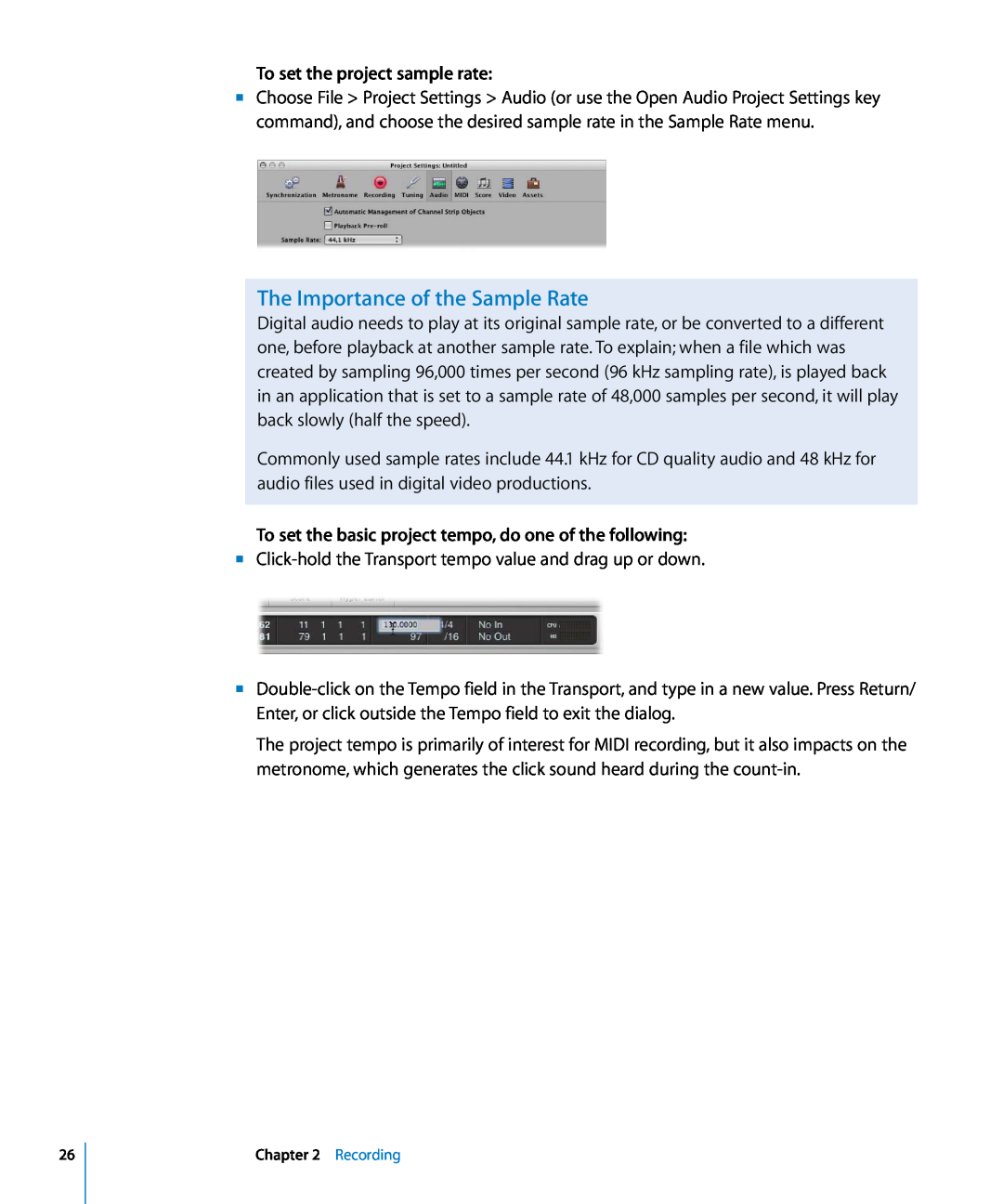 Apple 8 manual The Importance of the Sample Rate, To set the project sample rate 