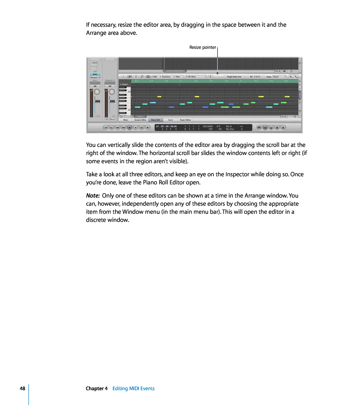 Apple 8 manual Editing MIDI Events, Resize pointer 