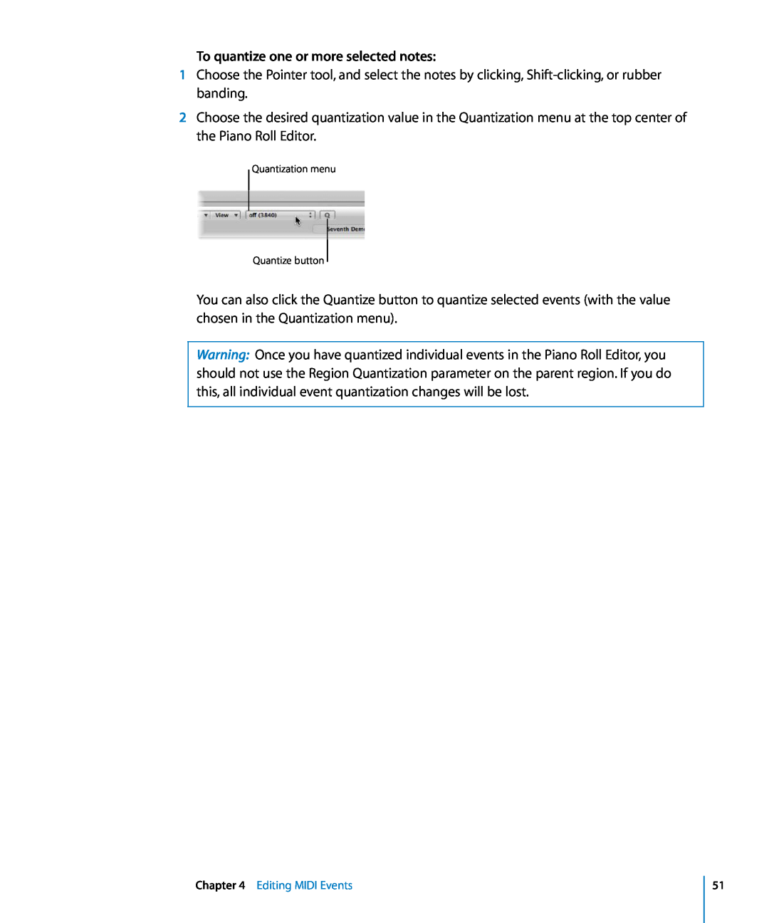 Apple 8 manual To quantize one or more selected notes, Quantization menu Quantize button 
