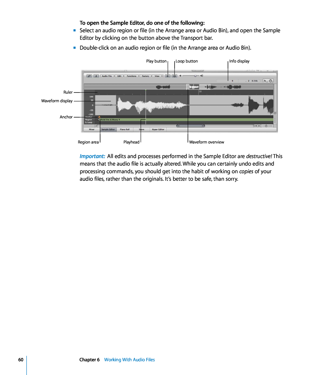 Apple 8 manual To open the Sample Editor, do one of the following, Working With Audio Files 