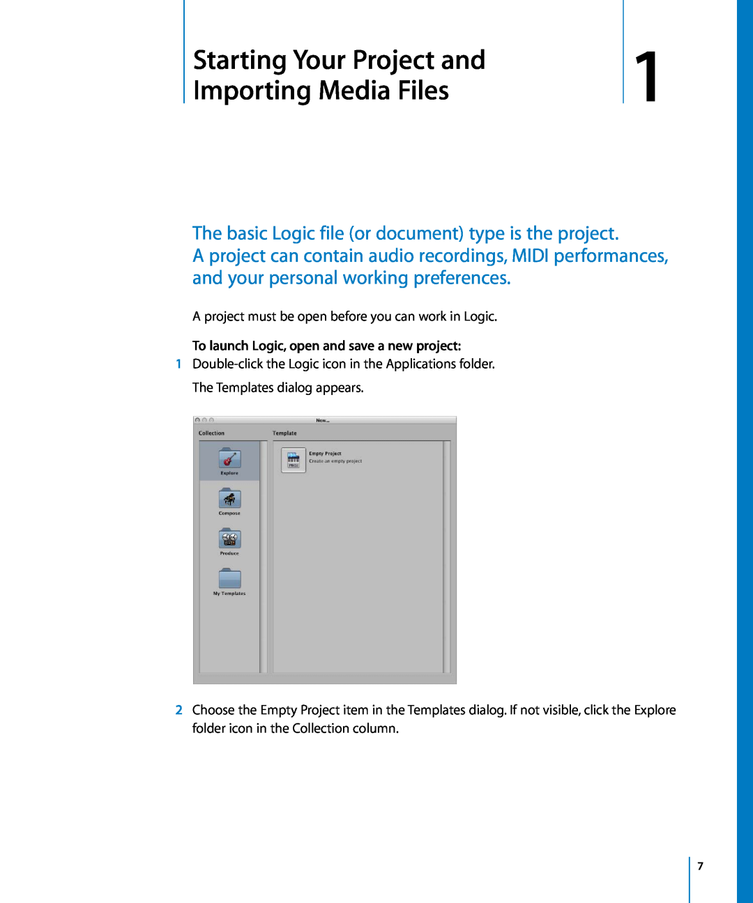 Apple 8 manual 1Starting Your Project and, Importing Media Files, The basic Logic file or document type is the project 