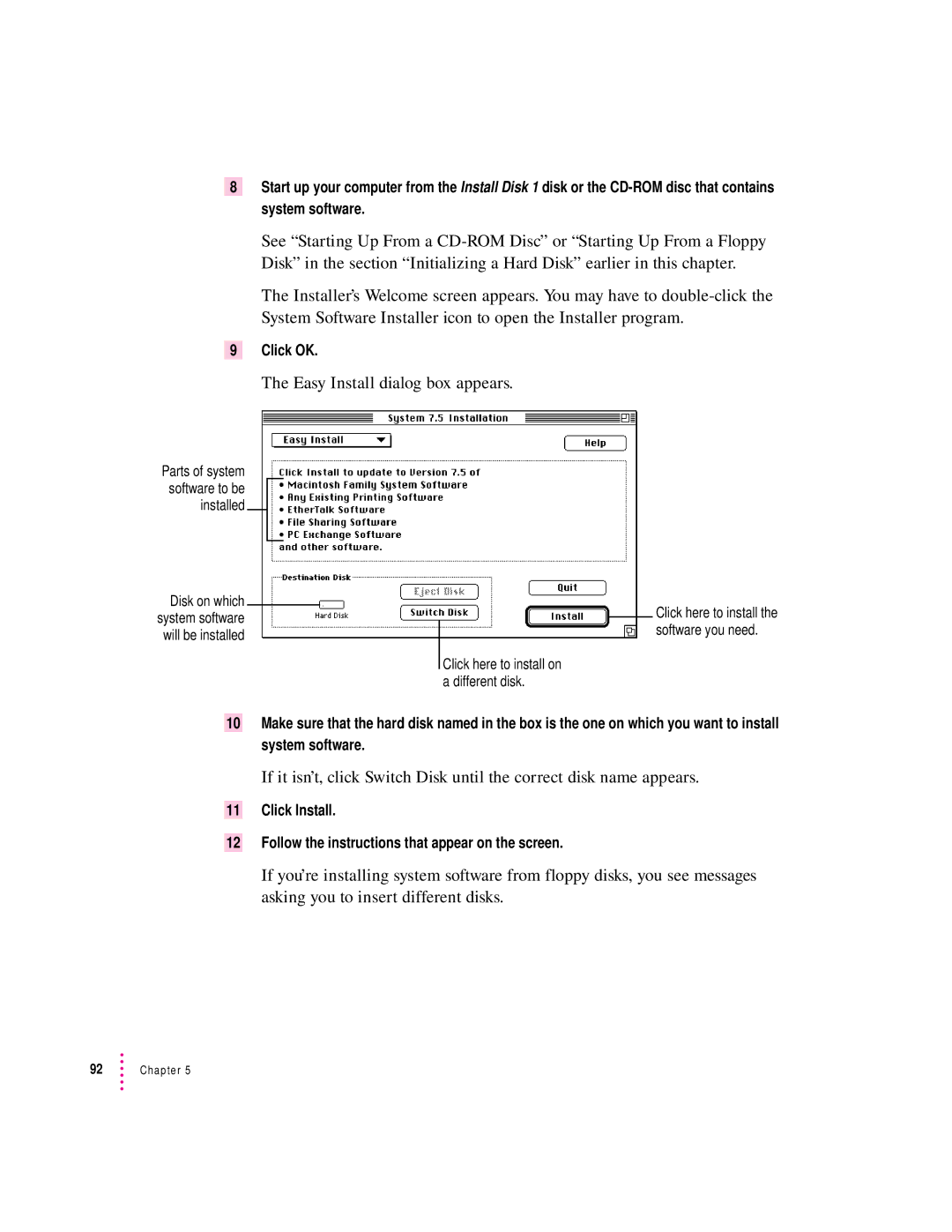 Apple 8100 Series manual Easy Install dialog box appears 