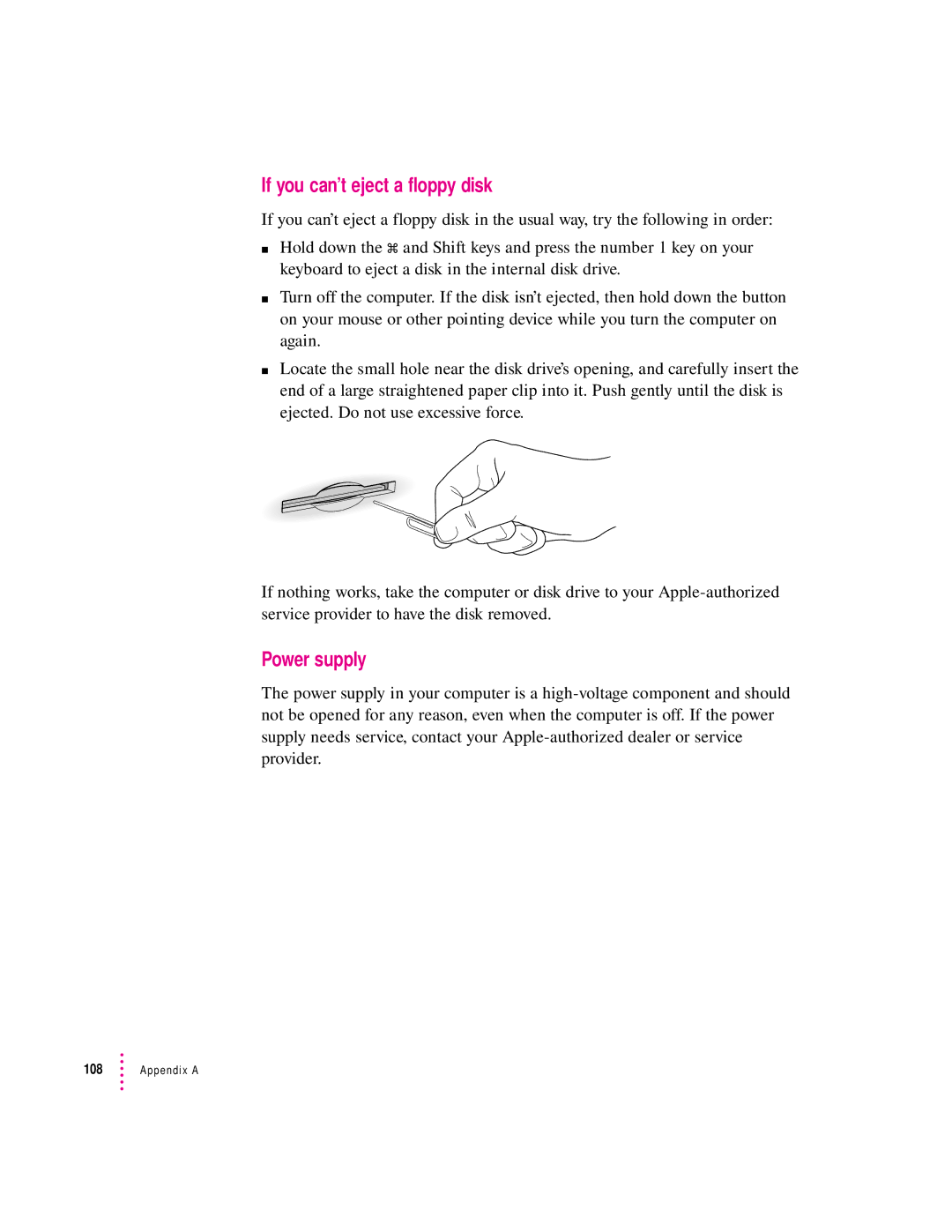 Apple 8100 Series manual If you can’t eject a floppy disk, Power supply 