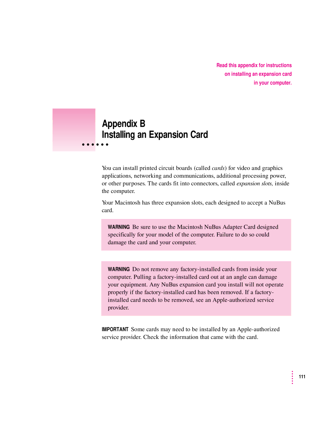 Apple 8100 Series manual Appendix B Installing an Expansion Card 