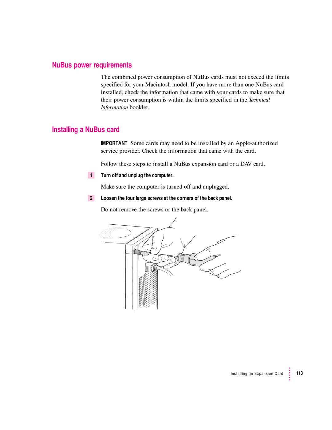 Apple 8100 Series manual NuBus power requirements, Installing a NuBus card 