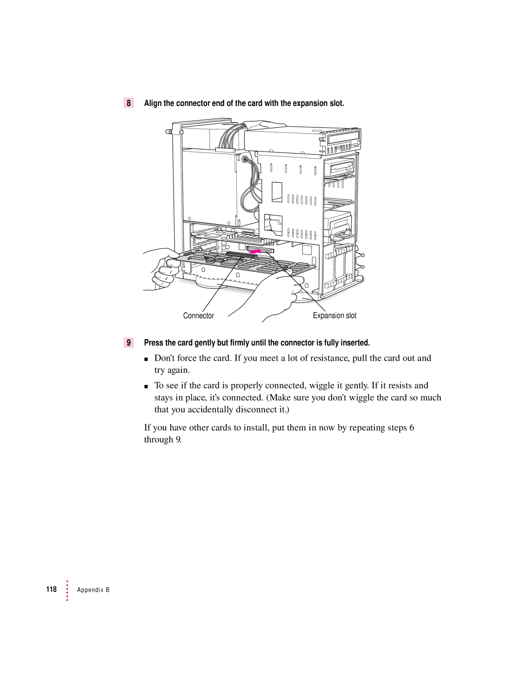 Apple 8100 Series manual Align the connector end of the card with the expansion slot 