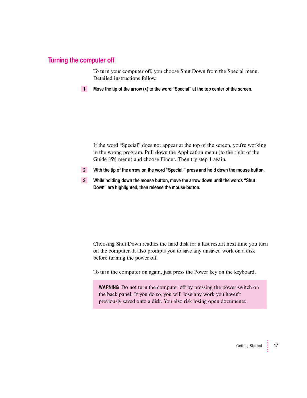 Apple 8100 Series manual Turning the computer off 