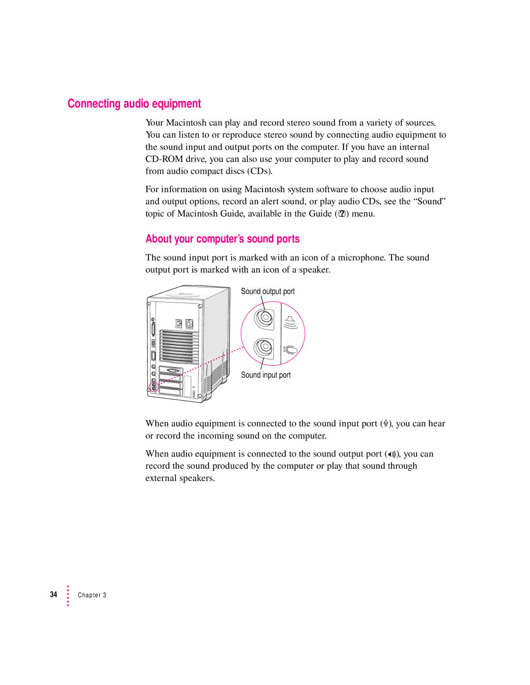 Apple 8100 Series manual Connecting audio equipment, About your computer’s sound ports 