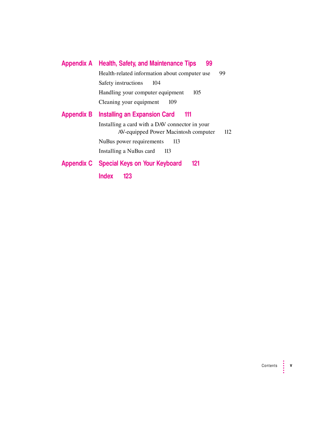 Apple 8100 Series manual Appendix B, Appendix C, 121, Index 123 