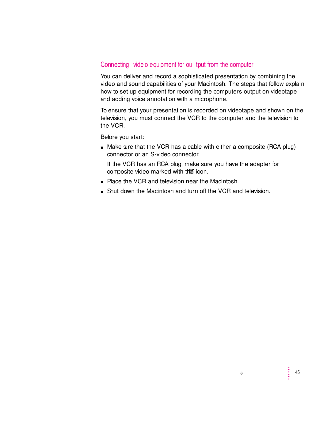 Apple 8100 Series manual Connecting video equipment for output from the computer 