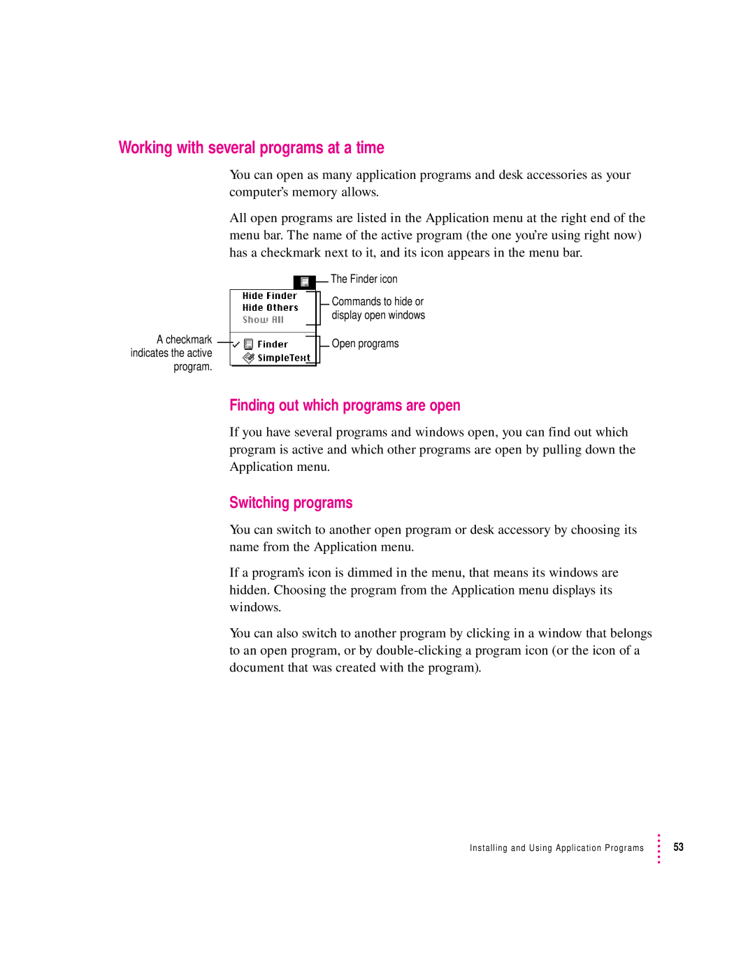 Apple 8100 Series manual Working with several programs at a time, Finding out which programs are open, Switching programs 