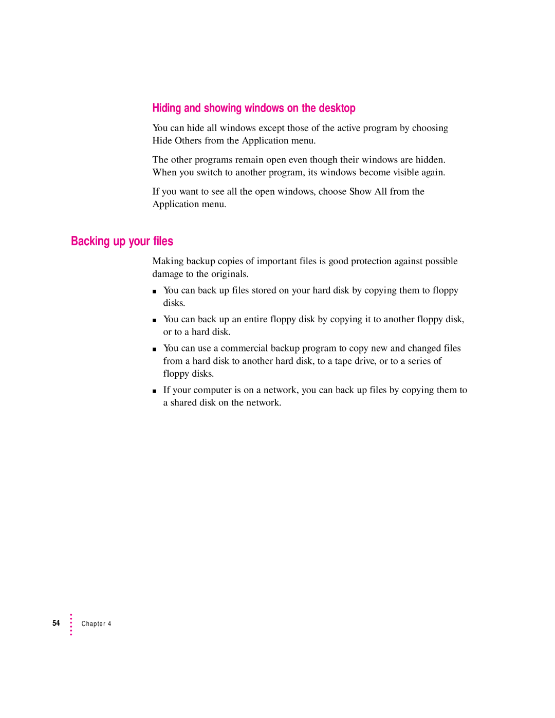 Apple 8100 Series manual Backing up your files, Hiding and showing windows on the desktop 