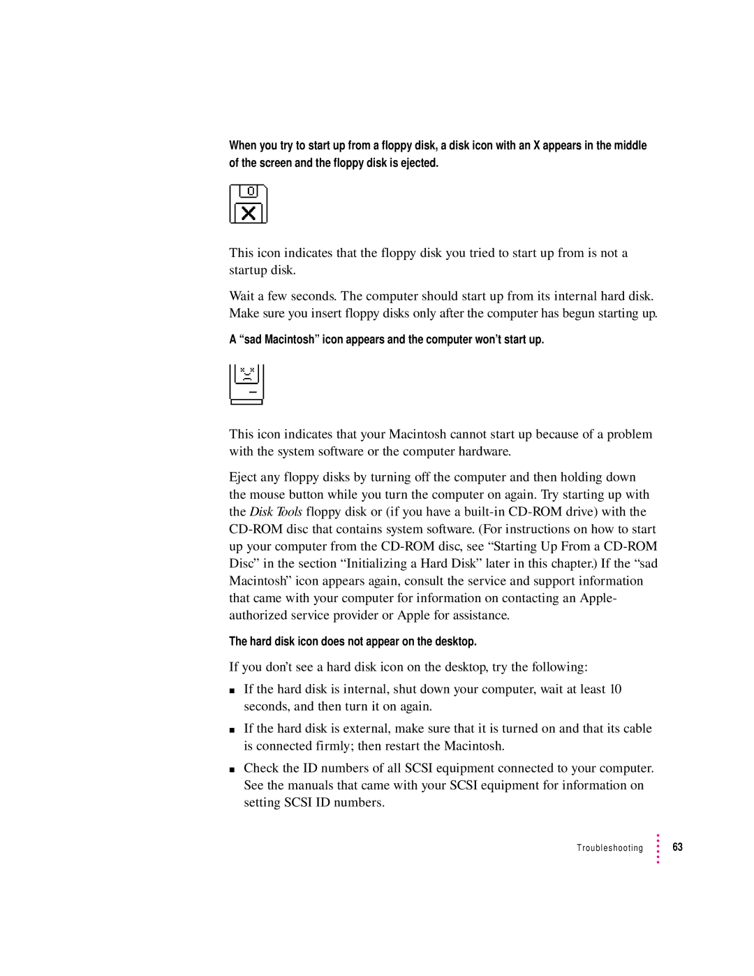 Apple 8100 Series manual Sad Macintosh icon appears and the computer won’t start up 