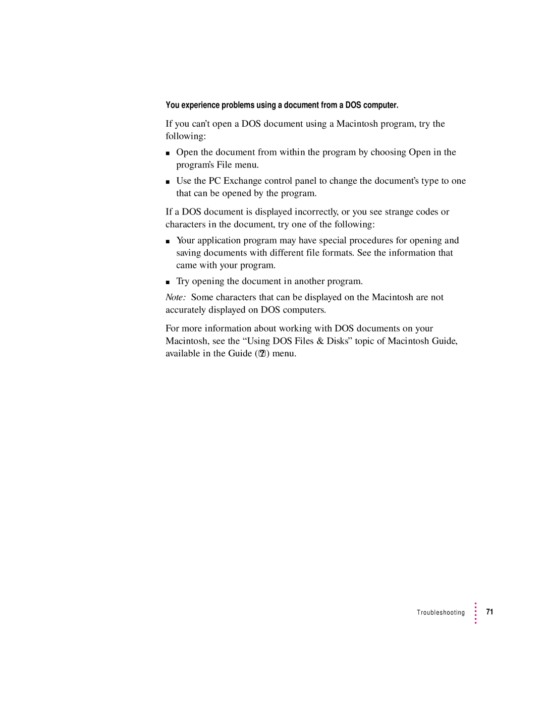 Apple 8100 Series manual You experience problems using a document from a DOS computer 