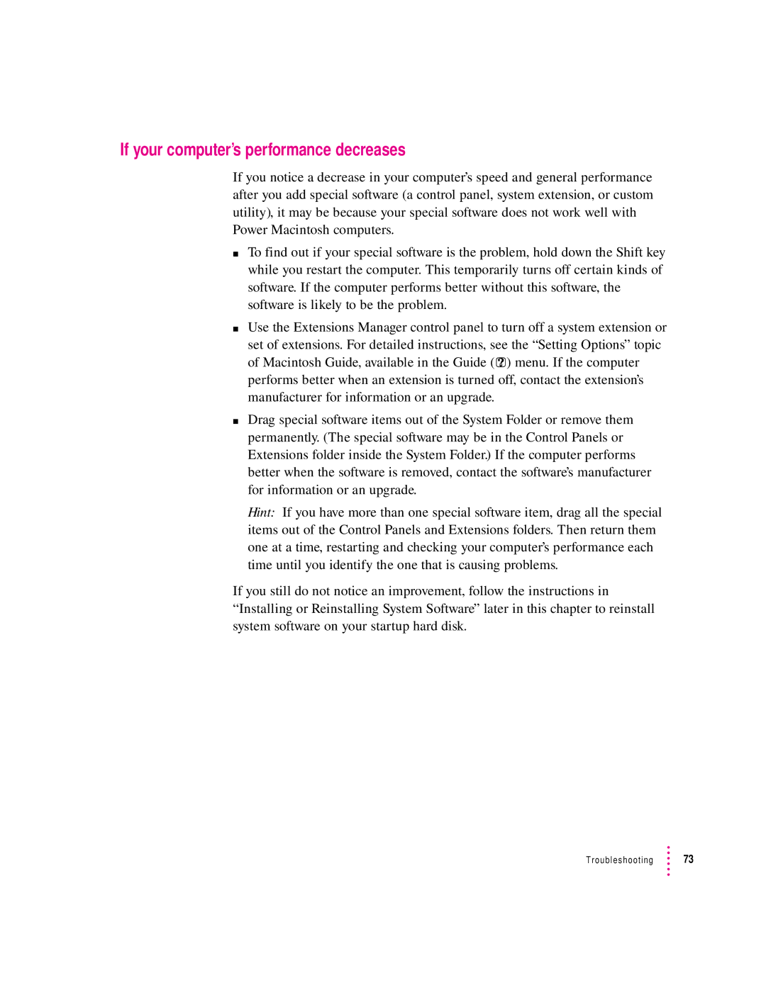 Apple 8100 Series manual If your computer’s performance decreases 