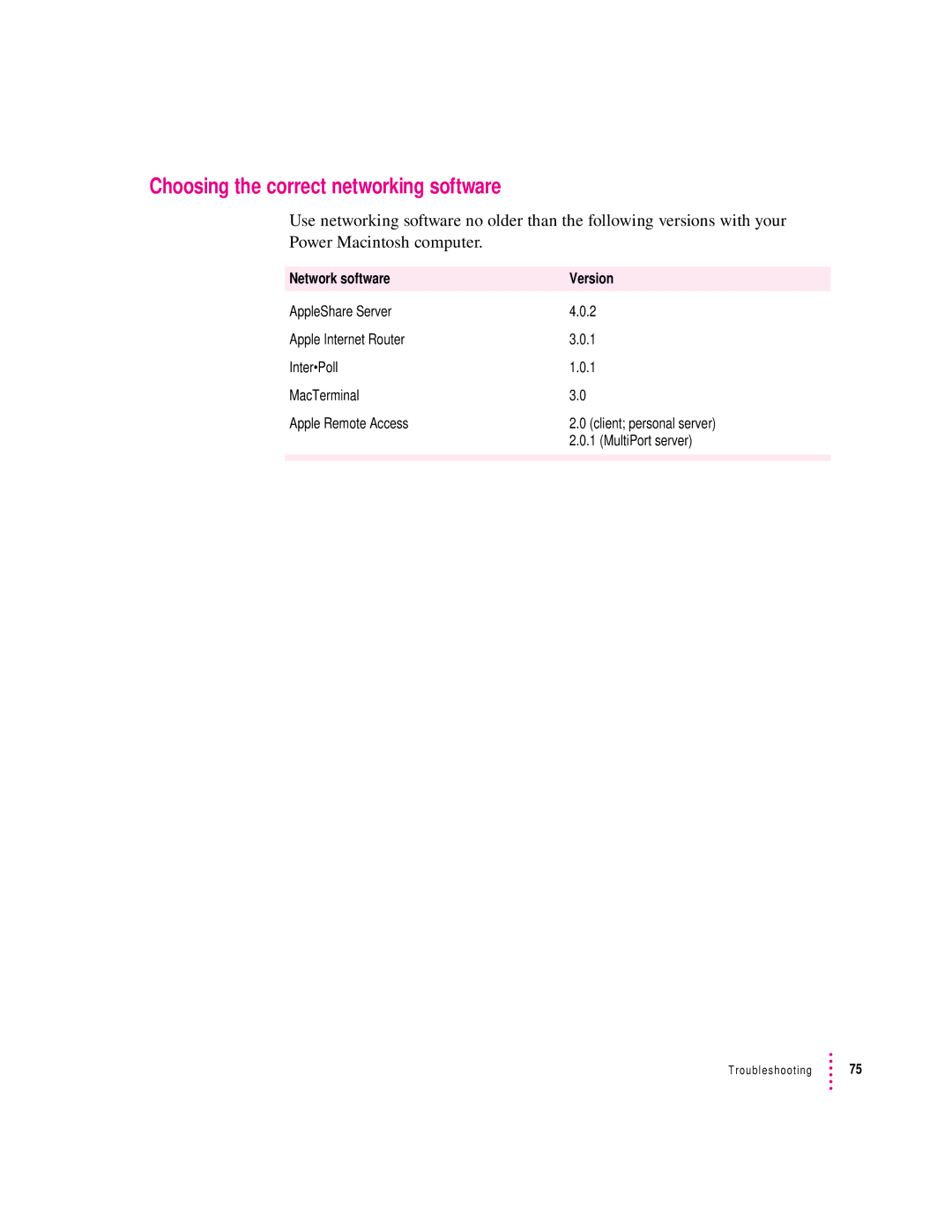 Apple 8100 Series manual Choosing the correct networking software, Network software Version 