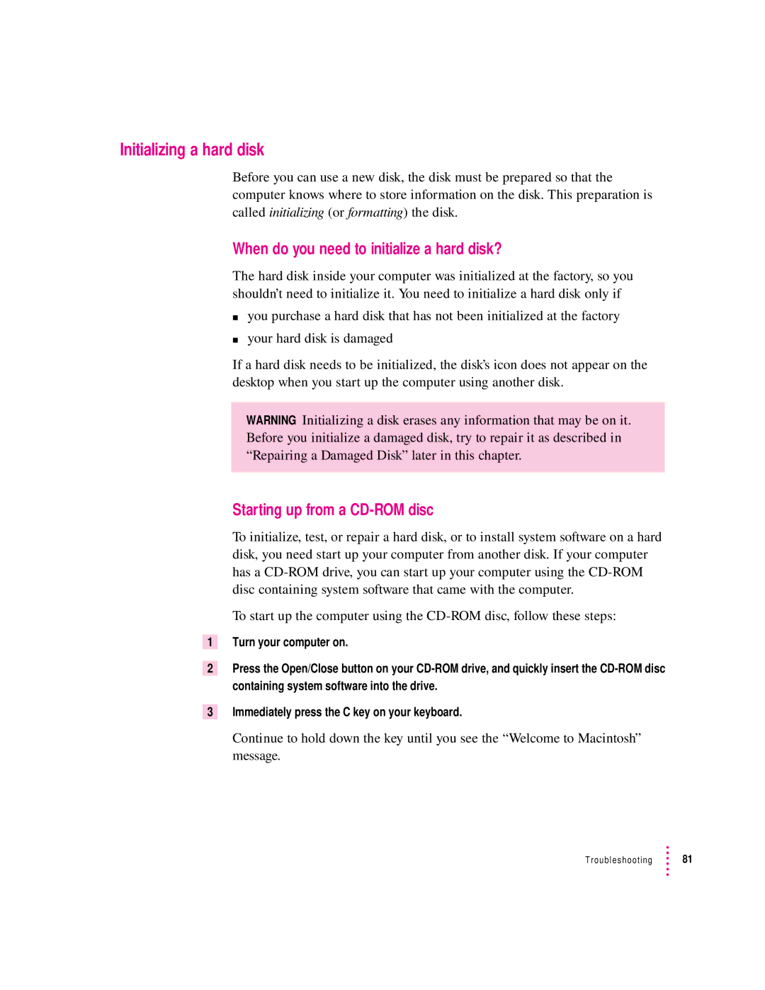 Apple 8100 Series Initializing a hard disk, When do you need to initialize a hard disk?, Starting up from a CD-ROM disc 