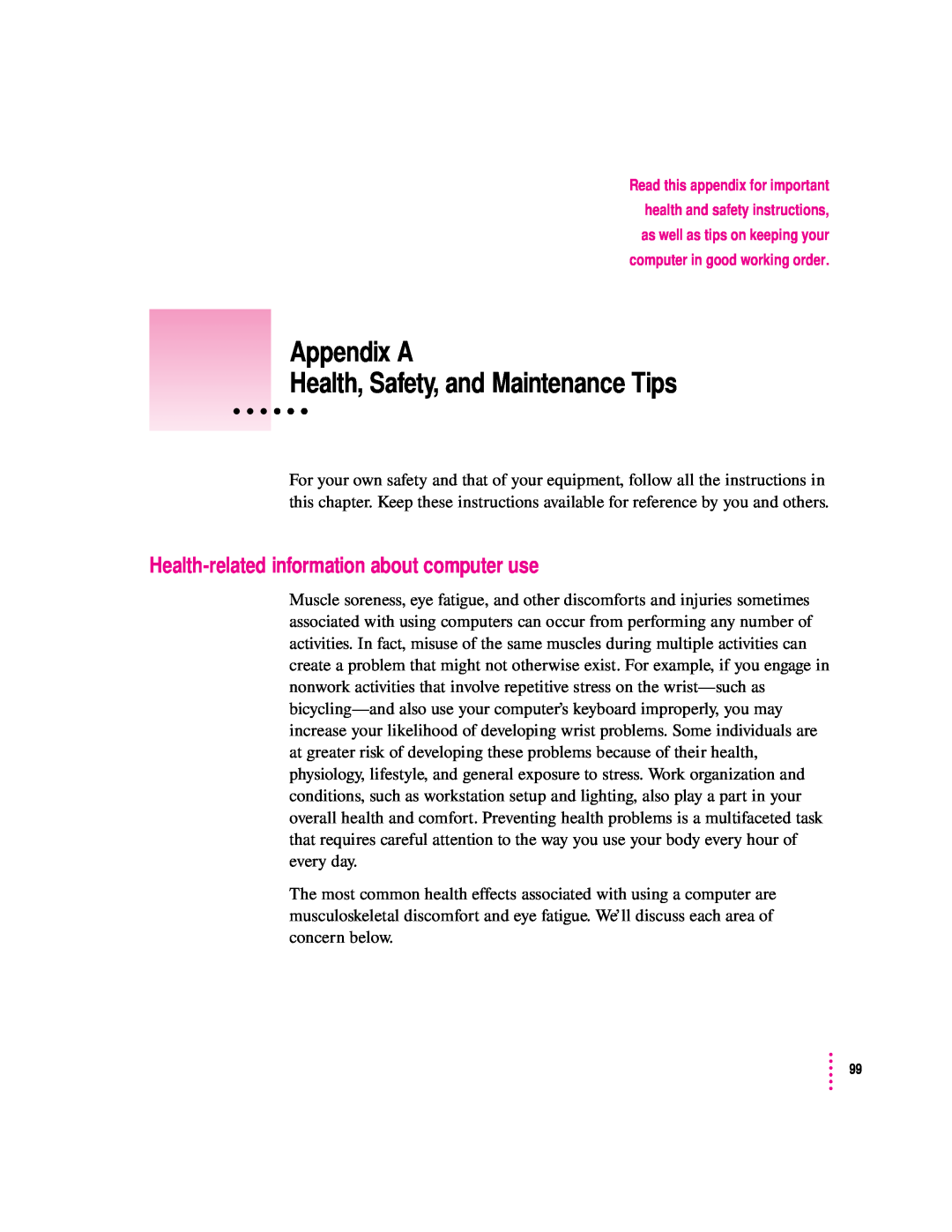 Apple 8100 Series manual Appendix A Health, Safety, and Maintenance Tips, Health-related information about computer use 