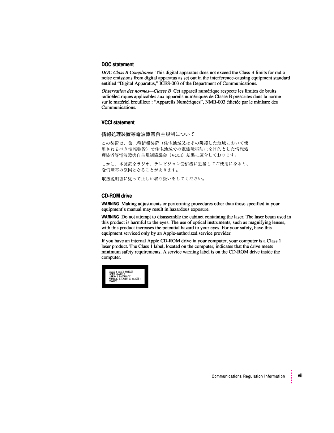 Apple 8100 Series manual DOC statement, VCCI statement CD-ROM drive, Communications Regulation Information 