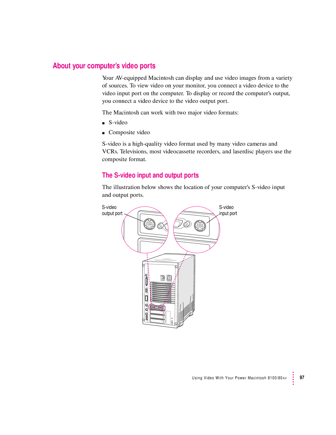 Apple 8100/80AV manual About your computer’s video ports, S-video input and output ports 