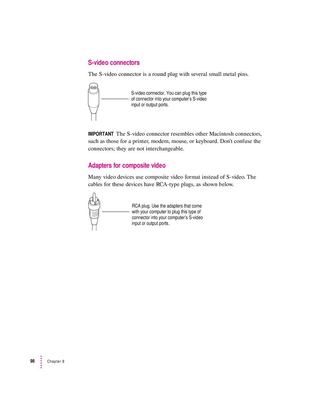 Apple 8100/80AV manual Video connectors, Adapters for composite video 